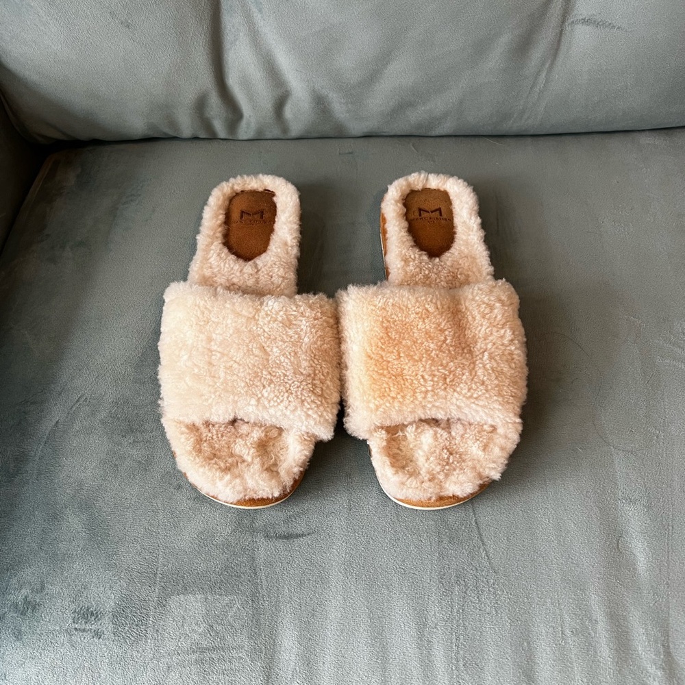 Marc Fisher white fur slides- 11